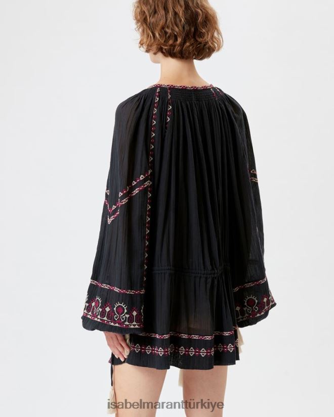 Giyim TR Isabel Marant kadınlar maydanoz işlemeli pamuklu elbise soluk siyah 42RDBH648